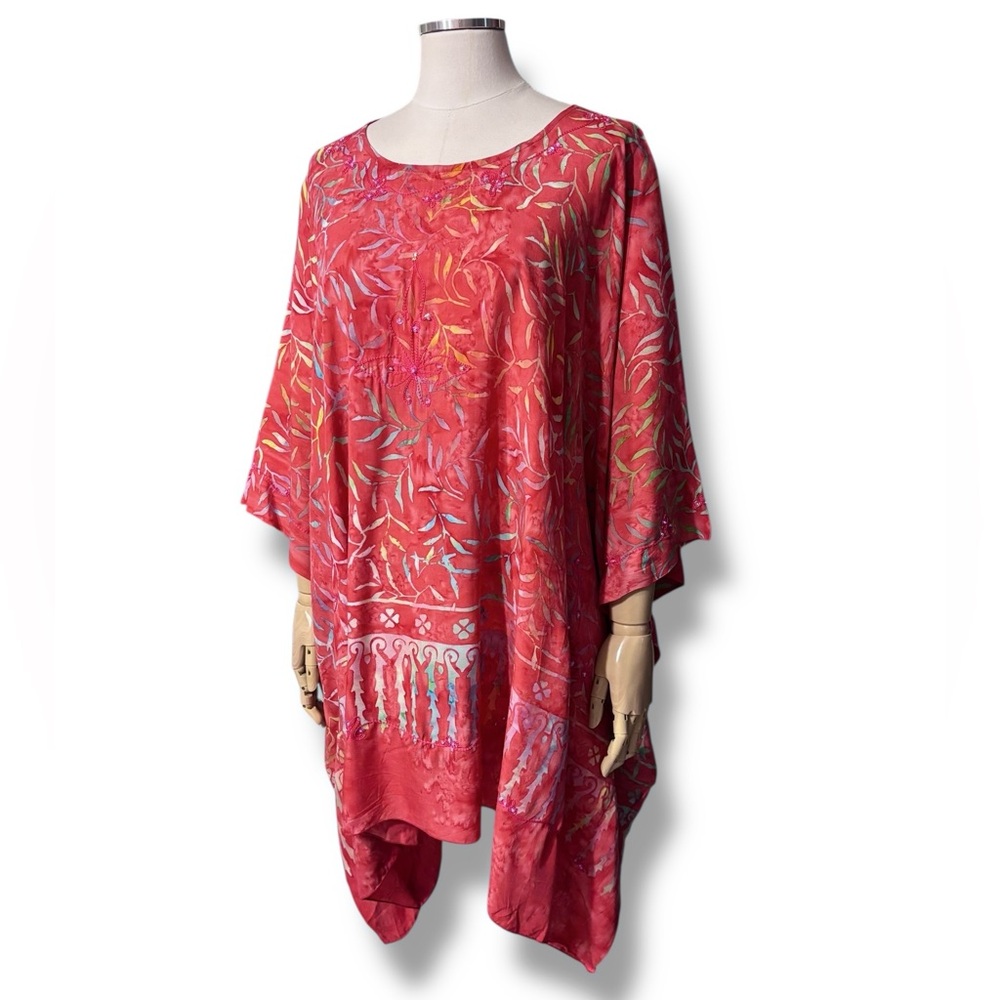 ISLAND PLANET Batik Beach Cover-Up Embroidered & Sequined Detail Rainbow Leaves